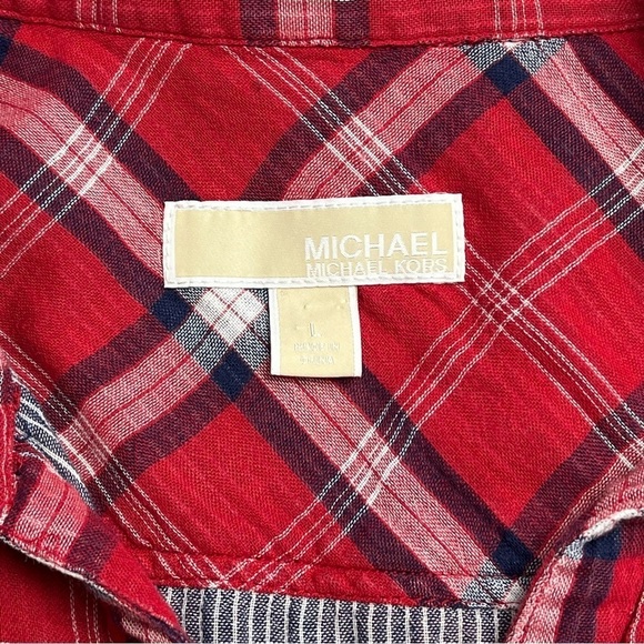 Michael Kors Top Womens, Red Plaid Short Sleeve Popover Gold Button Size L - Picture 9 of 10